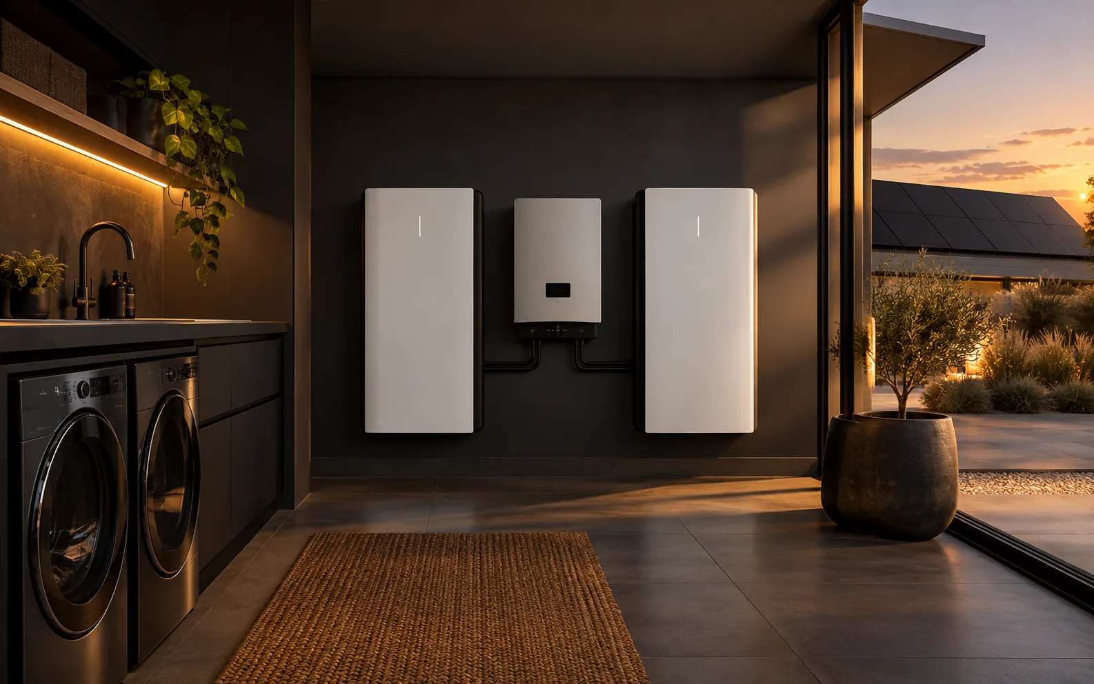 Batería doméstica blanca instalada junto al inversor en una casa moderna