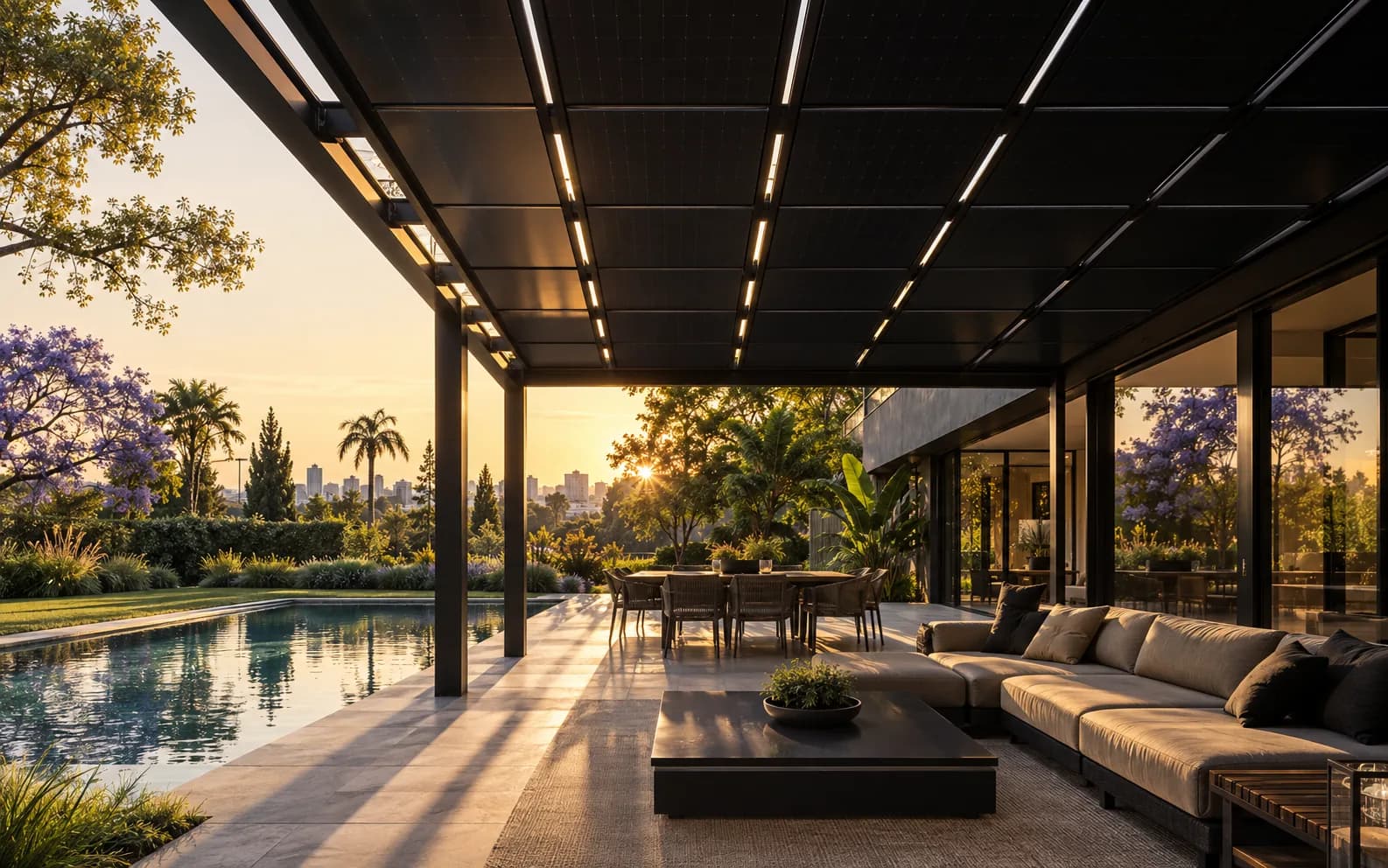 Pérgola solar con paneles full black sobre una galería