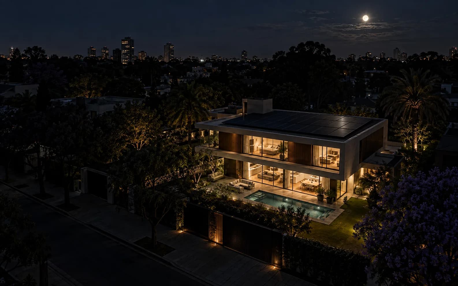 Casa iluminada durante un apagón del barrio