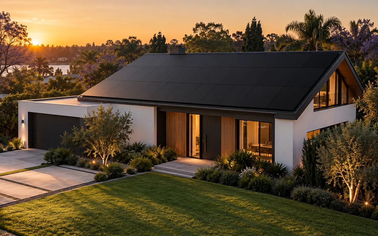 Casa contemporánea con techo cubierto de paneles solares full black
